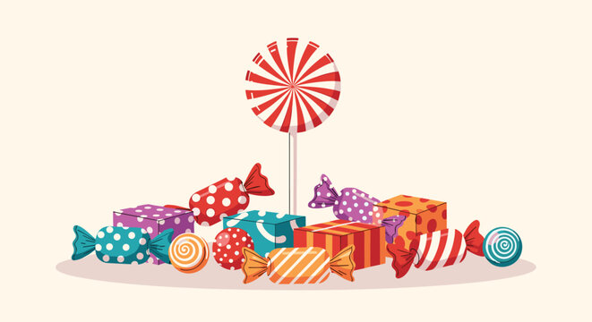 Assortment of sweet treats featuring a giant swirl lollipop surrounded by wrapped candies and colorful gift boxes.