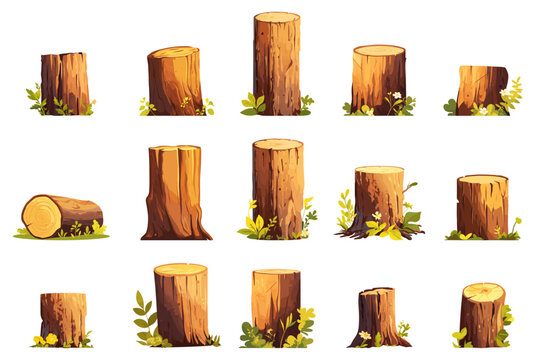 Set of cartoon tree stumps with grass growing around them, forest, tree, cut, wood, old, bark, cut, pine, fir tree, leaves, grass, vector illustration