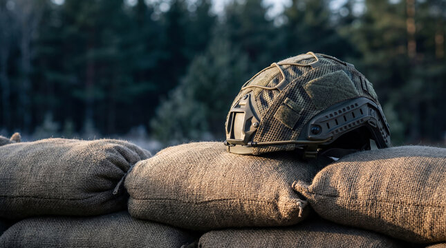 Military tactical helmet resting on a sandbag fortification at a frontline position. Protective gear for soldier during combat training or field exercise. Defense and security concept.