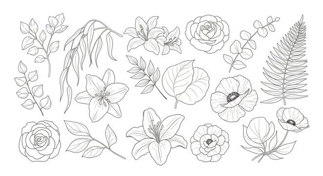 Collection of Hand Drawn Botanical Illustrations of Flowers and Leaves.