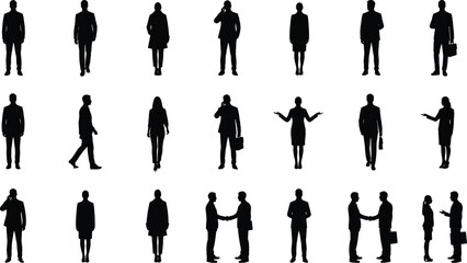 Fototapeta premium Set of professional business people silhouettes featuring men and women in suits walking talking shaking hands and standing in various poses