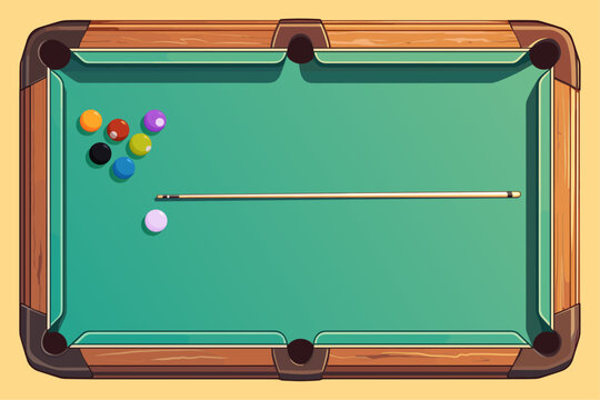 Top view of cartoon pool table with balls and cue, wooden, billiards game, billiard balls, vector illustration