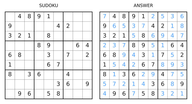 Vector sudoku puzzle with answer. Educational number game for kids and adults on white background.