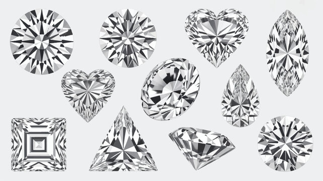 collection of various cut diamonds on light gray background