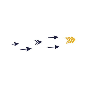 Set of small blue arrows pointing forward and one large yellow chevron arrow indicating progress and direction