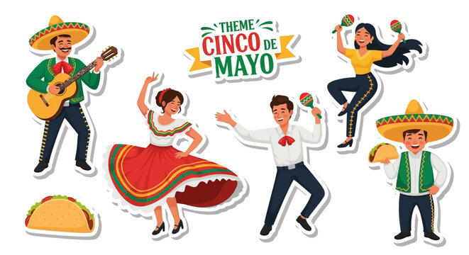 Festive Cinco de Mayo vector illustration featuring mariachi musicians and dancers in traditional Mexican attire, celebrating the holiday with vibrant colors and a joyful fiesta atmosphere
