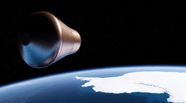 Metallic alien spacecraft approaching Earth from outer space. Futuristic unidentified flying object orbiting planet. Sci-fi concept of extraterrestrial intelligence and cosmic discovery.