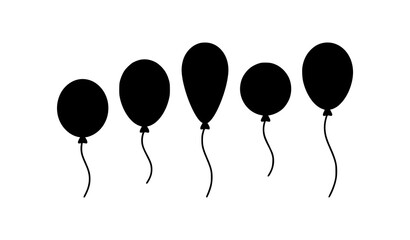 Floating balloon icons black silhouette celebration symbols with rope strings minimal vector illustration © MdSajedurRahman