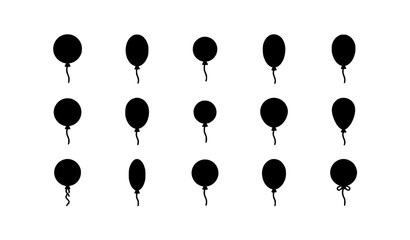 Black party balloon icons set simple celebration symbols with rope strings flat vector isolated on white © MdSajedurRahman