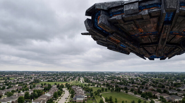 Massive alien spaceship hovering over quiet residential suburb. Extraterrestrial invasion threat appearing above suburban neighborhood. Science fiction concept of unidentified flying object.