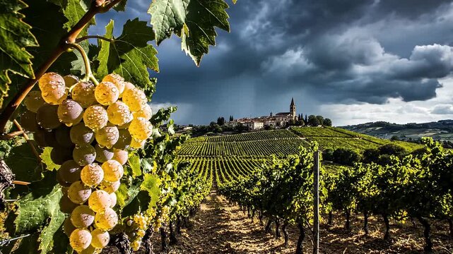 A lush vineyard under a stormy sky with ripe grapes