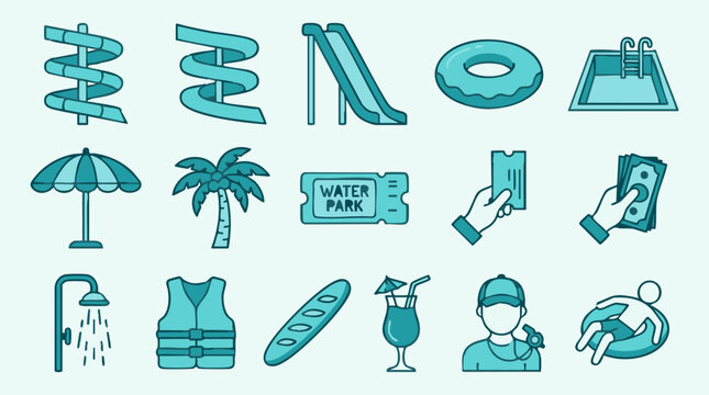 Water Park Summer Recreation Icons Set with Slides, Pool, and Activities