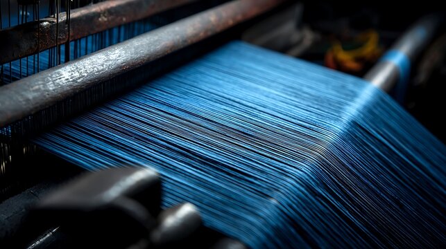 Close-up of a large industrial loom weaving vibrant blue threads into fabric.