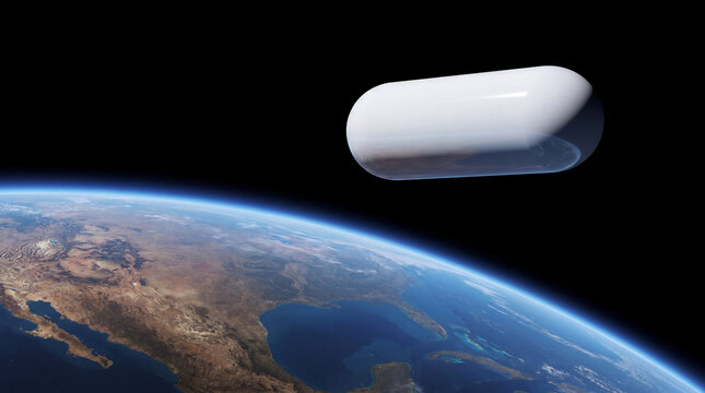 White flying saucer hovering over planet Earth. Mysterious alien spacecraft orbiting in space. Futuristic unidentified flying object near globe. Astronomy and extraterrestrial life mystery.