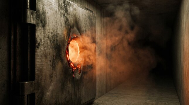 Heavy tungsten vault door breached by a glowing superheated circular hole with smoke in a dark bunker, concept of heist and security breach