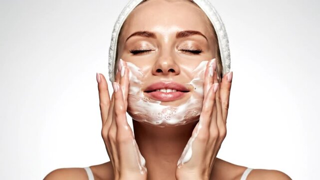 Woman applying facial cleanser with eyes closed.