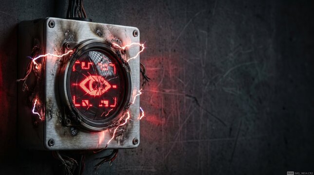 Scorched brushed steel retinal scanner unit sparking with red eye rejection symbol on a dark concrete wall, concept of biometric security failure and error