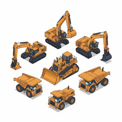 Isometric construction vehicles including excavators, dump trucks, and bulldozers in a clean vector illustration. © Silihi