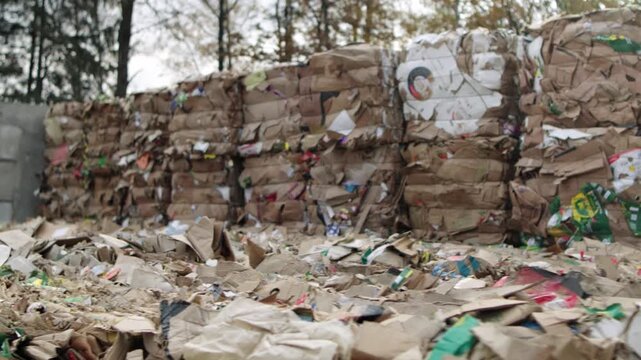 Pressed cardboard and paper squares. Recycling. Industry and ecology. Pressed cardboard with paper.