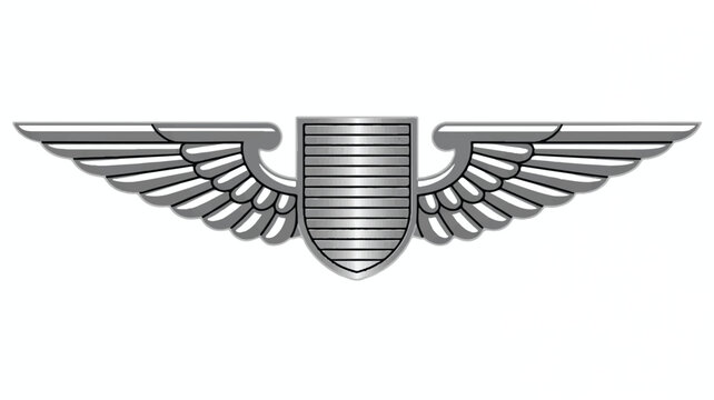 Silver winged shield emblem with horizontal lines  military or aviation symbol
