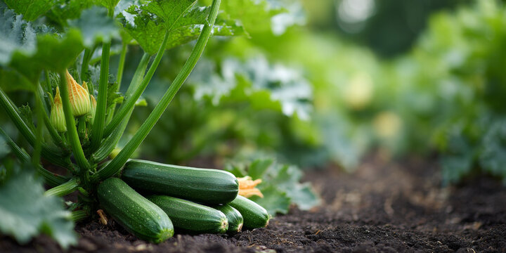Fresh zucchini growing in garden soil