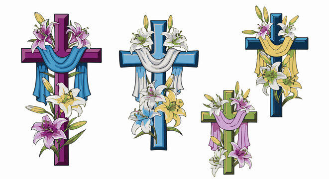 Colorful crosses adorned with lilies and draped fabric