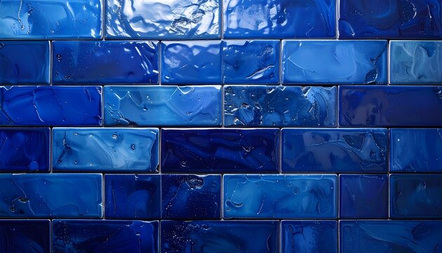 Deep blue ceramic tile texture background. Horizontal stacked pattern and glossy glazed surface