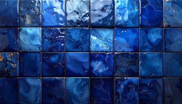 Deep blue ceramic tile texture background. Horizontal stacked pattern and glossy glazed surface