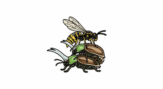 A yellowjacket wasp perched atop two stacked beetles in an animated style