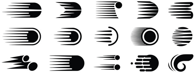 Speed lines icon set featuring fast motion effects, action lines, and comic style superhero symbols for dynamic movement illustration ©  Masud Khabir