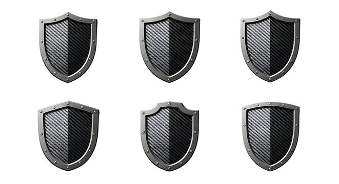 Six identical dark grey shields with a textured surface and metallic borders, arranged in two rows on a white background.