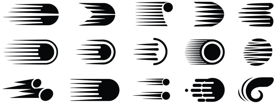 Speed lines icon set featuring fast motion effects, action lines, and comic style superhero symbols for dynamic movement illustration