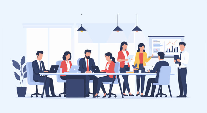 Diverse professionals collaborate in a modern office meeting, discussing charts on a screen