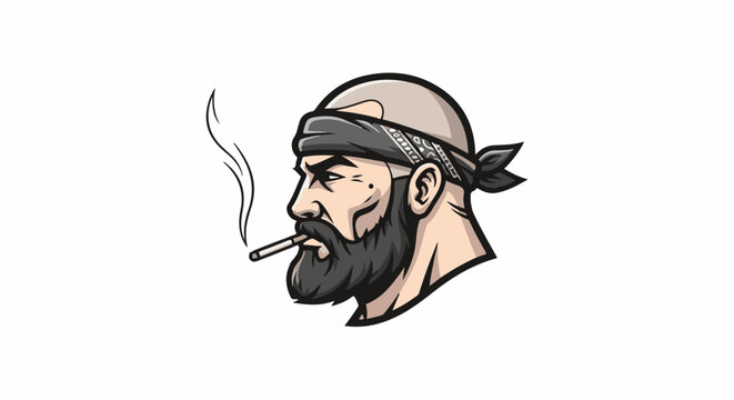 A stylized portrait of a bald man with a beard and bandana smoking a cigarette