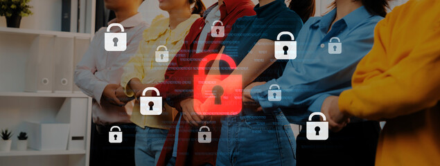 A diverse group of professionals stands confidently with virtual security icons, highlighting the importance of data protection and privacy in today business environment. Trope © InfiniteFlow