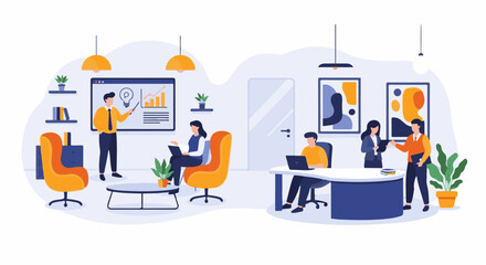 Obraz premium A team collaborates in a modern office setting, with one presenting data