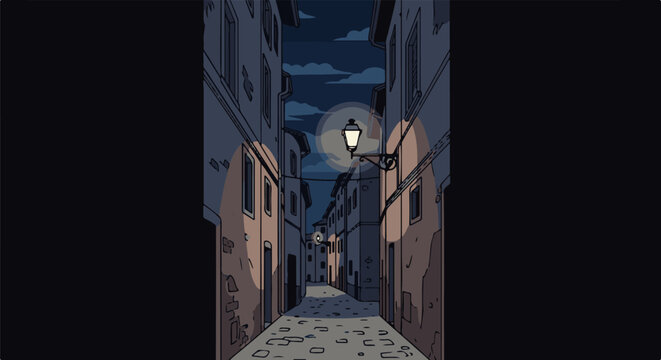 An old-fashioned streetlamp illuminates a cobblestone alley at night under a starry sky