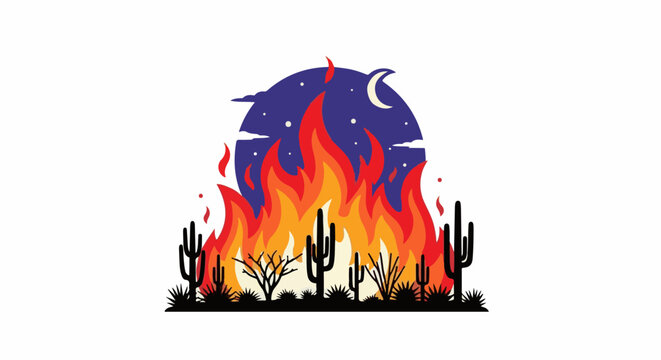 Desert at night engulfed in flames with a crescent moon and stars overhead