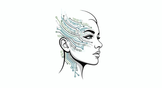 Digital consciousness merges human form with binary code, intricate circuits connect