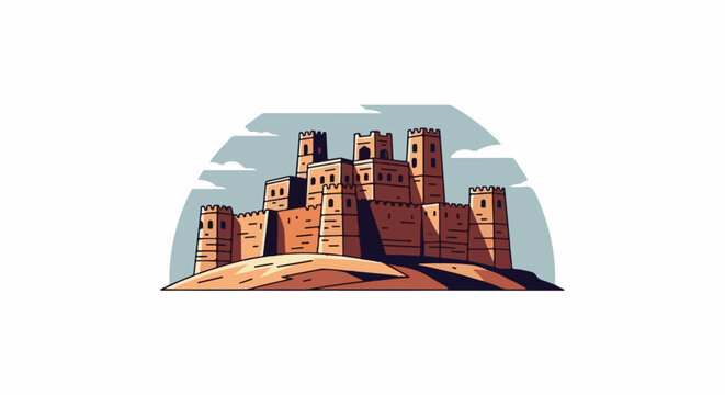 Ancient stone fortress with crenellated towers sits atop a sandy hill under a cloudy sky