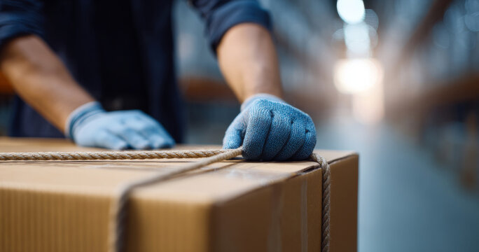 Worker tying rope on cardboard box