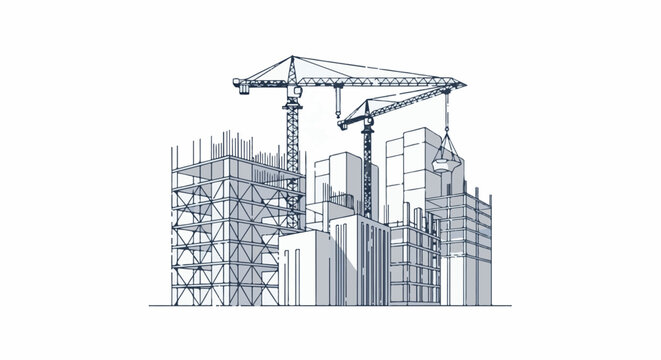 Architectural sketch of buildings under construction, cranes lifting materials