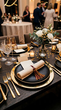 Luxury graduation banquet table setting with black plate gold cutlery and diploma scroll with red tassel for university college graduate celebration dinner event