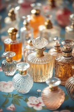 Elegant array of vintage perfume bottles on floral tablecloth