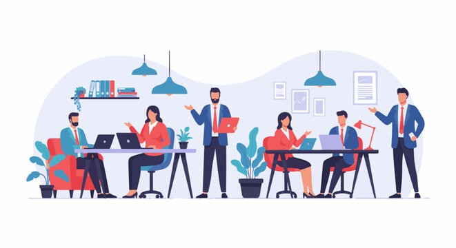 Colleagues collaborate in a modern office setting, engaging in work and discussion