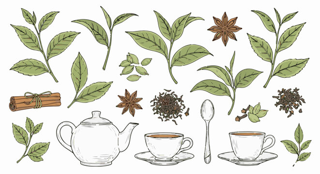 Assortment of loose tea leaves, spices, and tea set elements for a hot beverage