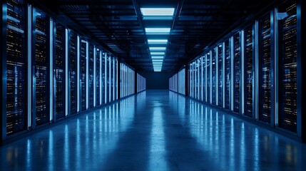 Fototapeta premium Futuristic Server Room with Blue Neon Lights and Reflective Floor.