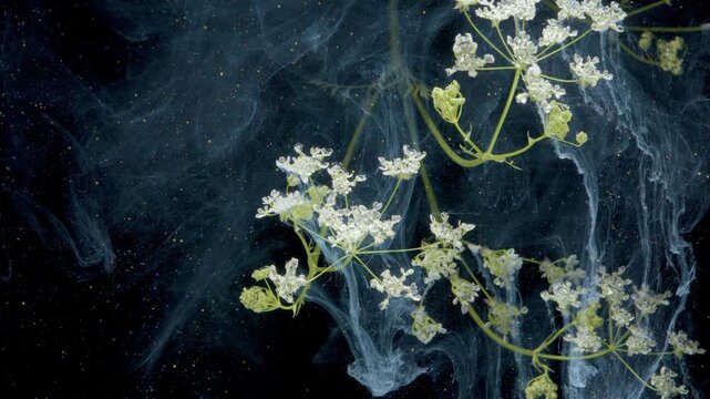White umbellifer flowers inkswirled in dark water, trailing stems and smoky ink plumes create dramatic contrast and fluid motion, cinematic visual