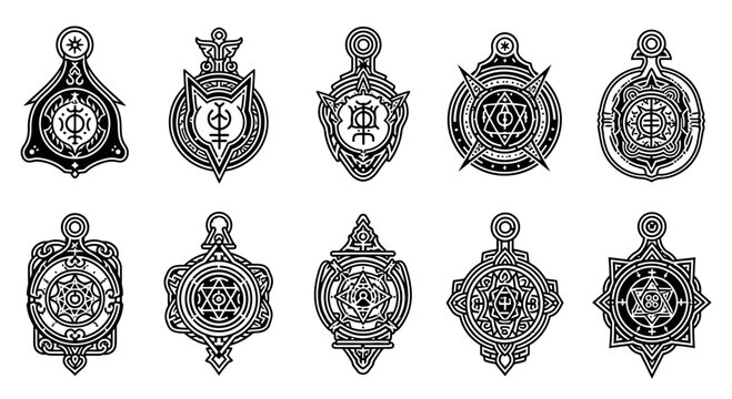 Mystical Ornate Amulets Collection: Esoteric Symbols, Alchemy, Magic Charms