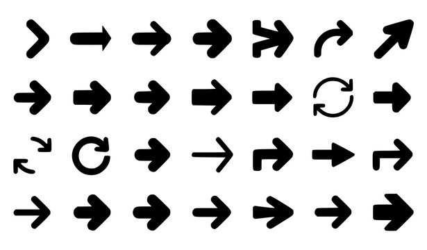Large collection of black minimalist arrow icons for web and app interface